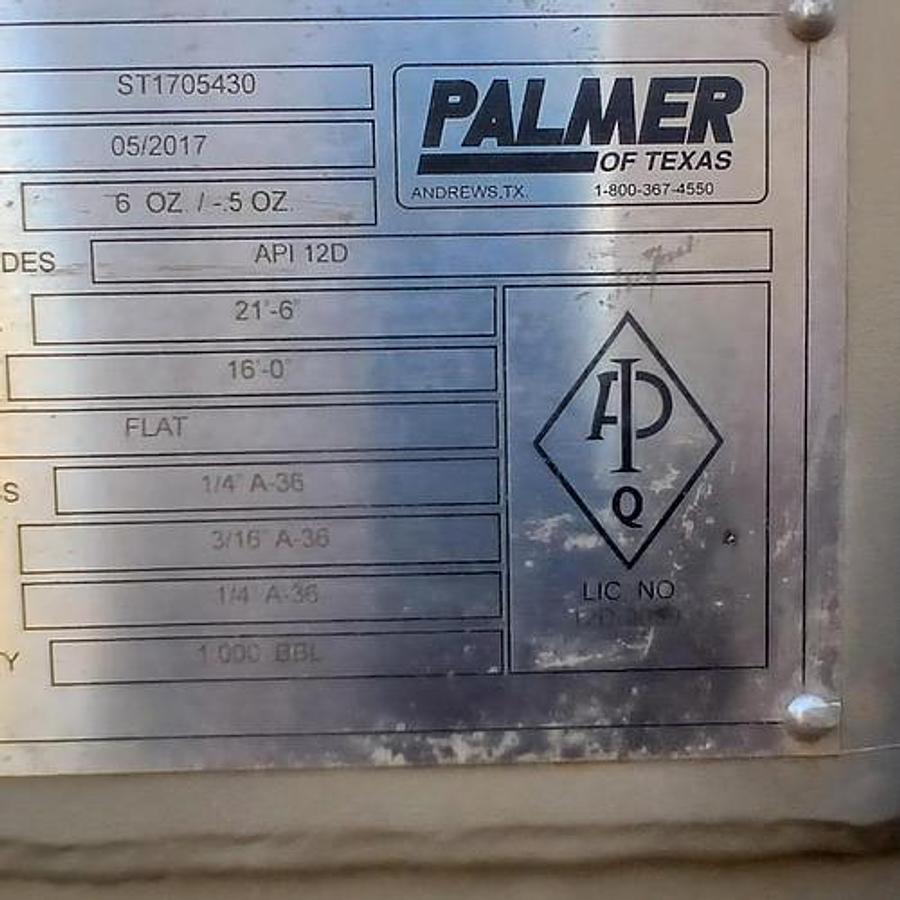 Used Palmer Of Texas 1000BBL Vertical Storage Tanks - 21’6” x 16’, Carbon Steel, Flat Bottom, Used Basic Refurb, 2017
