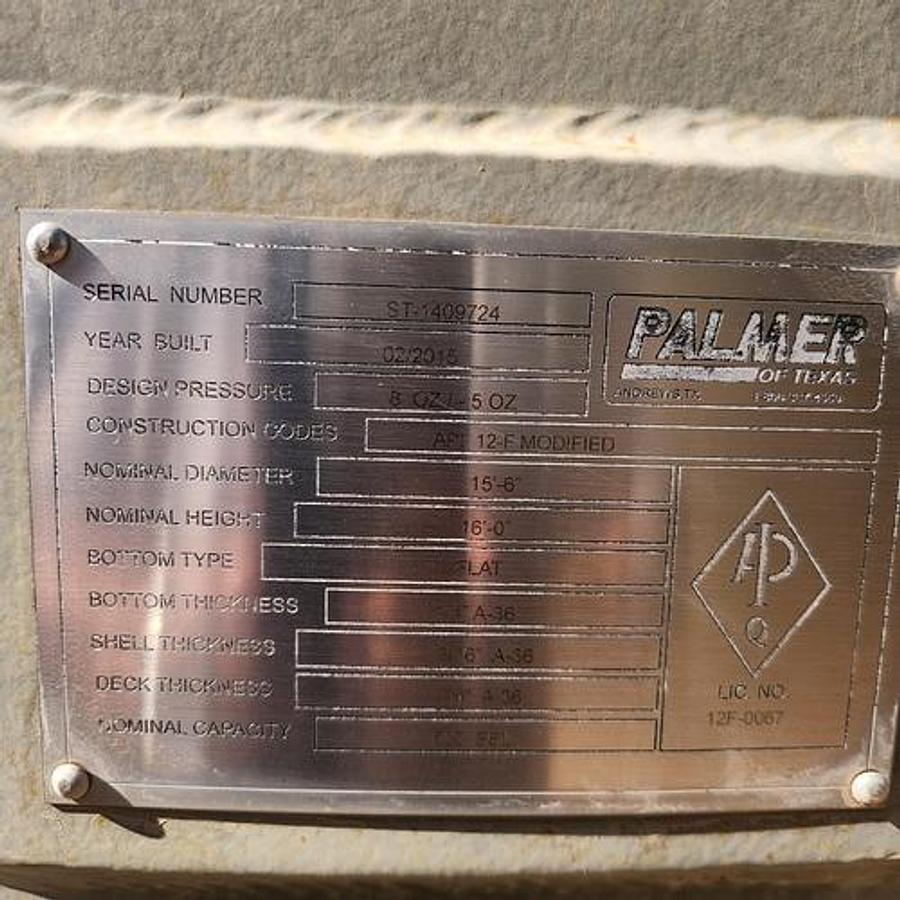 Used Palmer Of Texas 500BBL Vertical Storage Tanks – 15’6” x 16’, Carbon Steel, Flat Bottom, Used Basic Refurb, 2015