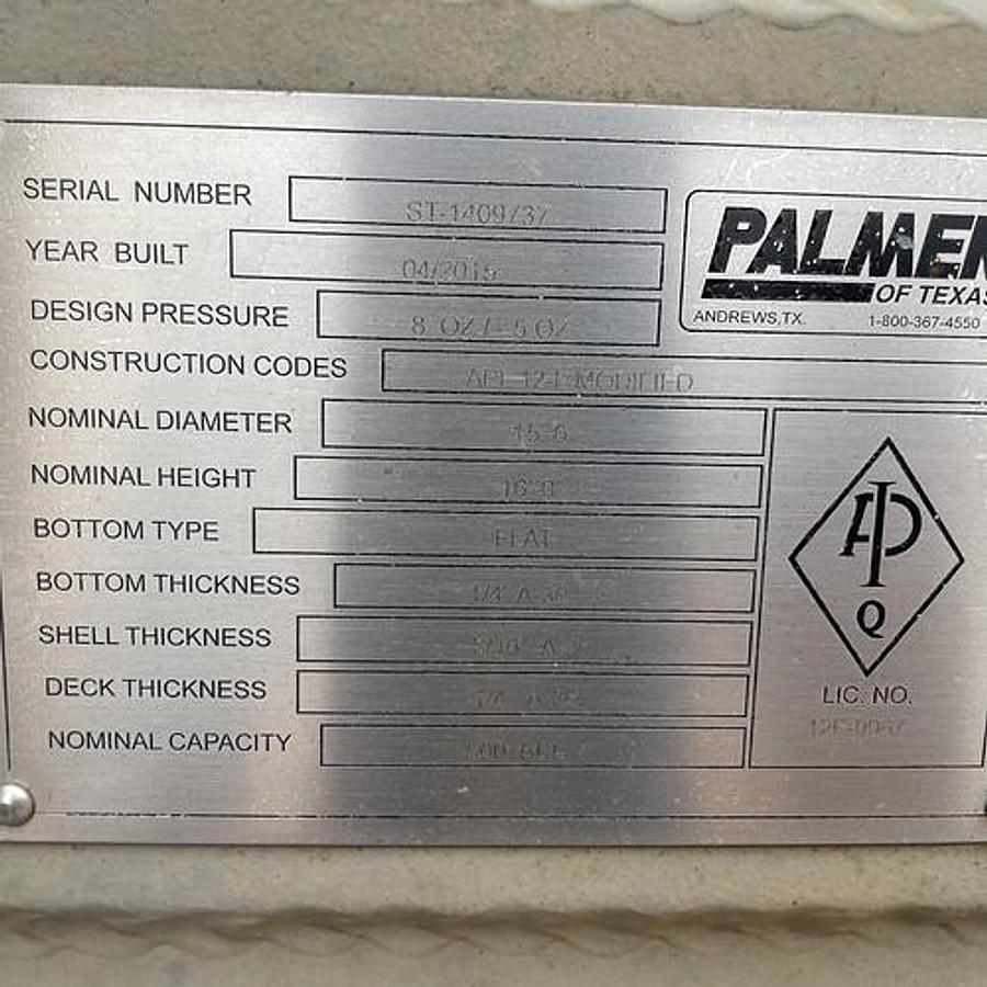 Used Palmer Of Texas 500BBL Vertical Storage Tanks – 15’6” x 16’, Carbon Steel, Flat Bottom, Used Basic Refurb, 2015