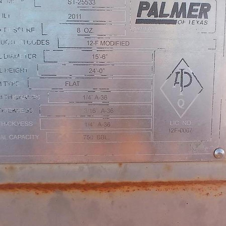 Used Palmer of Texas 750BBL Vertical Storage Tanks - 15’6” x 24’, Carbon Steel, Flat Bottom, Used Basic Refurb, 2011