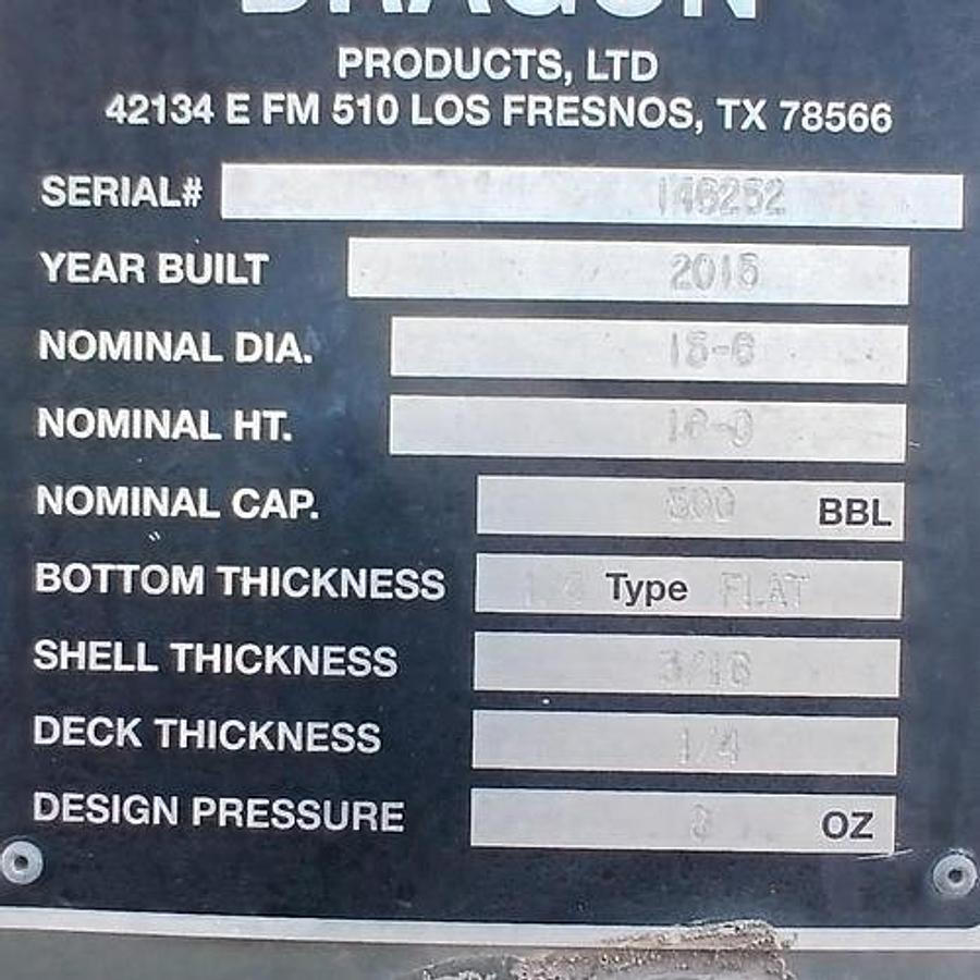 Used Dragon Tank 500BBL Vertical Storage Tanks - 15’6” x 16’, Carbon Steel, Flat Bottom, Used Basic Refurb, 2015
