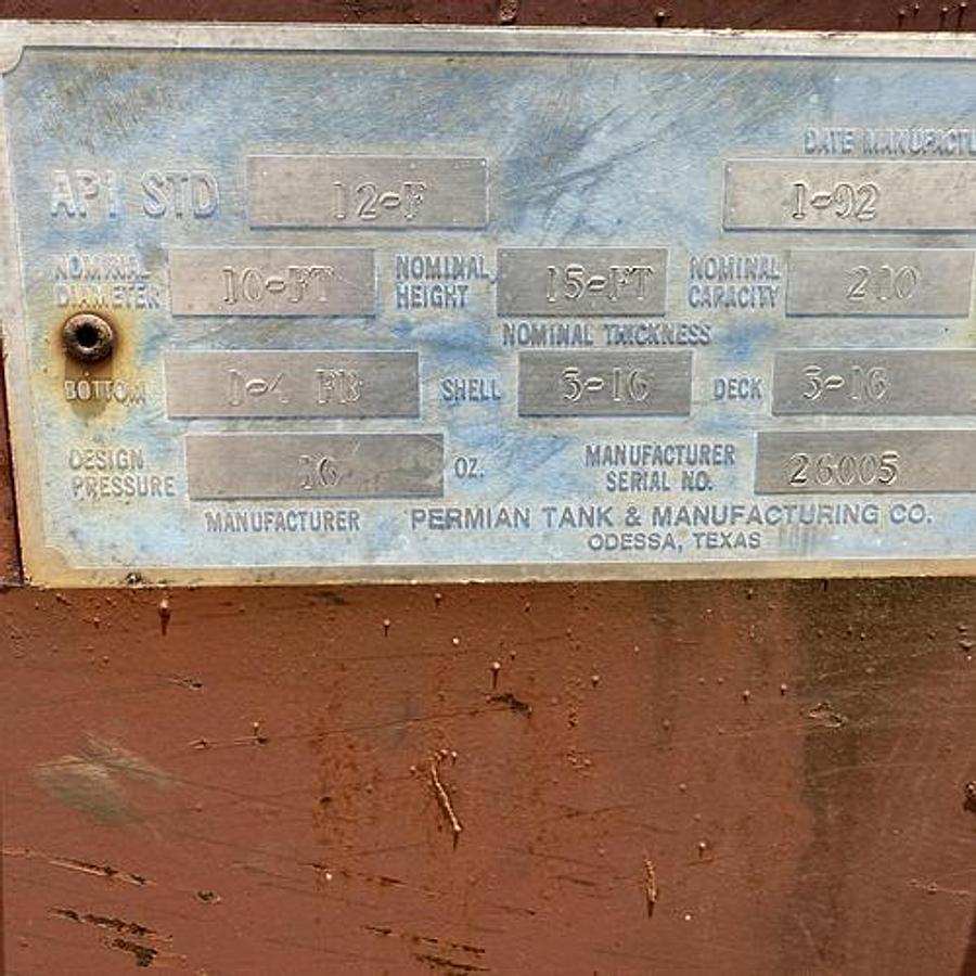 Used Permian Tank 210BBL Vertical Storage Tanks - 10’ x 15’, Carbon Steel, Flat Bottom, Used Basic Refurb