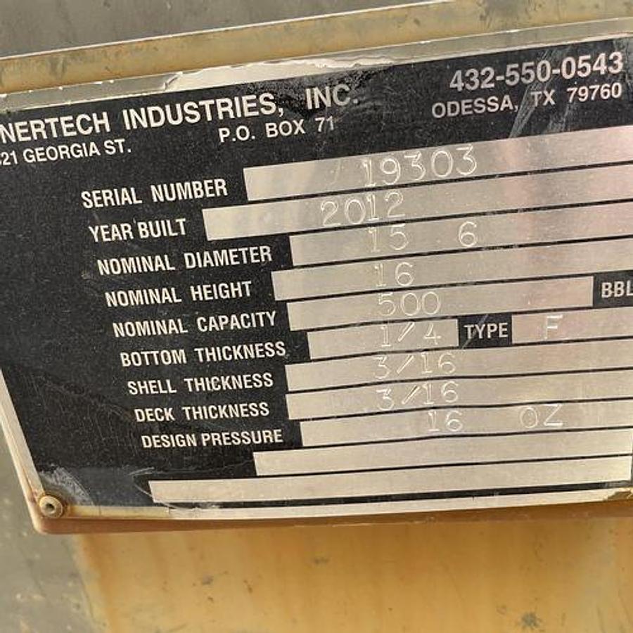 Used Enertech Industries 500BBL Vertical Storage Tanks – 15’6” x 16’, Carbon Steel, Flat Bottom, Used Basic Refurb, 2012