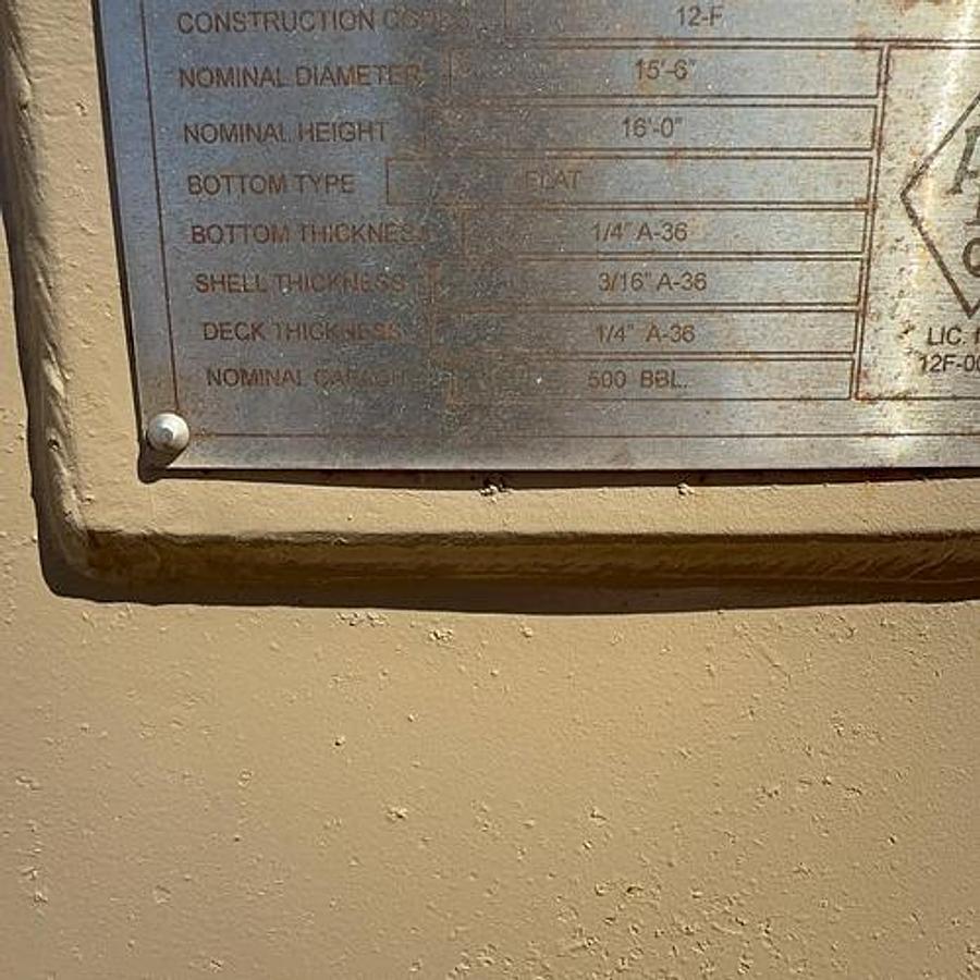 Used Palmer Of Texas 500BBL Vertical Storage Tanks – 15’6” x 16’, Carbon Steel, Flat Bottom, Used Basic Refurb