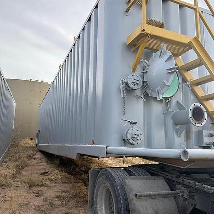 Used 500BBL Open Top Weir Wall Tanks - 45’ x 8.5’ x 10’, Carbon Steel, V-Bottom, Used Basic Refurb