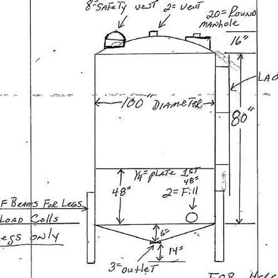 Used 2900gal Vertical Storage Tank- 100” D x 102” H, Cone bottom, Carbon Steel (2015)