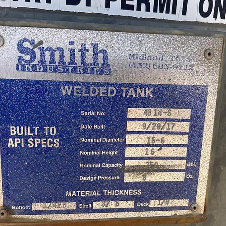 Used Smith Industries 750BBL Vertical Storage Tanks - 15’6” x 16’, Carbon Steel, Flat Bottom, Used Basic Refurb, 2017