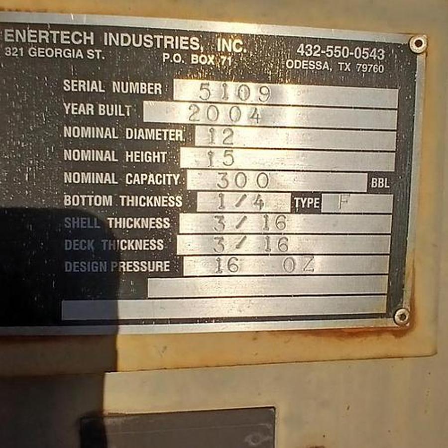 Used Enertech Industries 300BBL Vertical Storage Tanks - 12’ x 15’, Carbon Steel, Flat Bottom, Used Basic Refurb, 2004