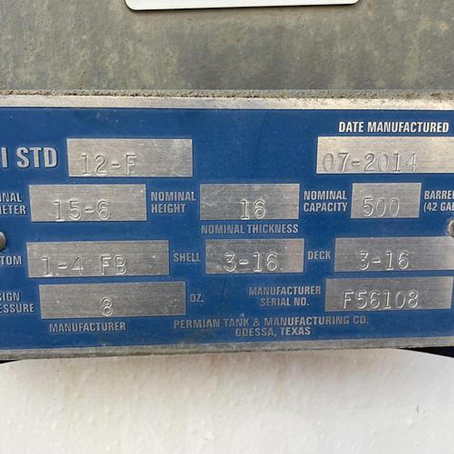 Used Permian Tank 500BBL Vertical Storage Tanks – 15’6” x 16’, Carbon Steel, Flat Bottom, Used Basic Refurb, 2014