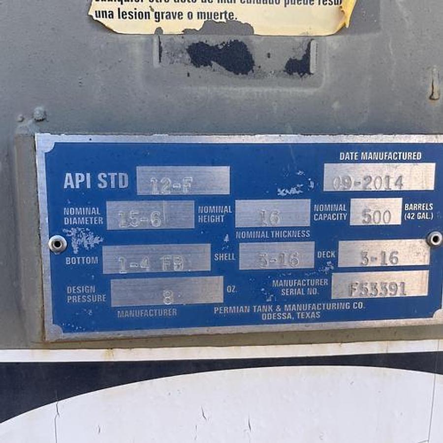 Used Permian Tank 500BBL Vertical Storage Tanks – 15’6” x 16’, Carbon Steel, Flat Bottom, Used Basic Refurb, 2014