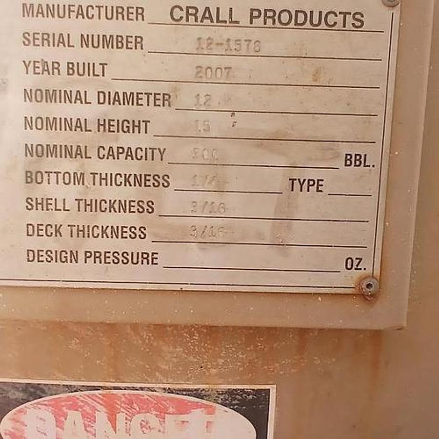 Used Crall Products 300BBL Vertical Storage Tanks - 12’ x 15’, Carbon Steel, Flat Bottom, Used Basic Refurb, 2007