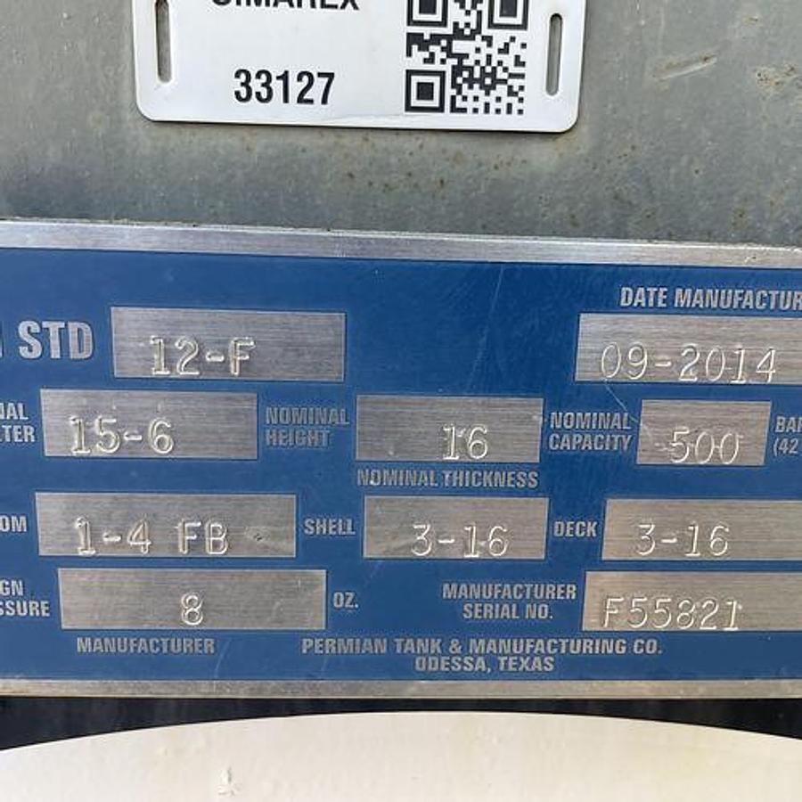 Used Permian Tank 500BBL Vertical Storage Tanks - 15’6” x 16’, Carbon Steel, Flat Bottom, Used Basic Refurb, 2014