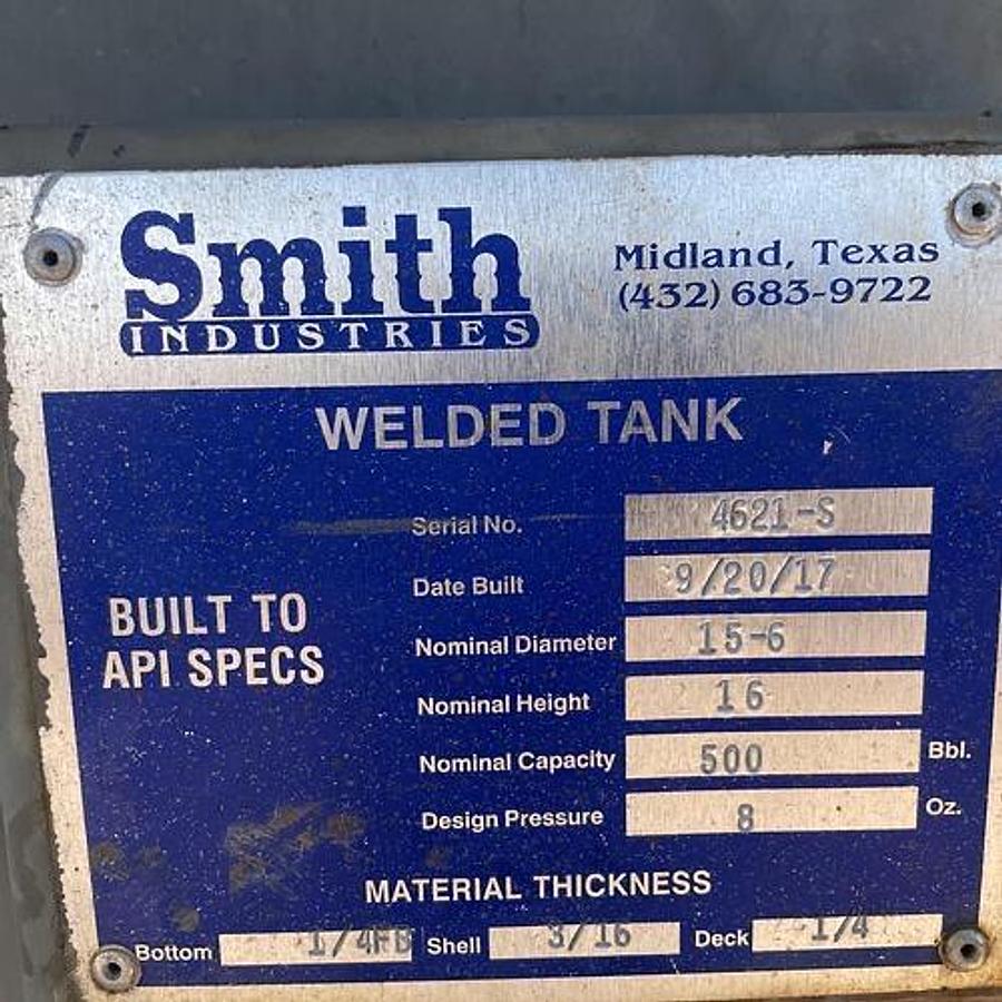 Used Smith Industries 500BBL Vertical Storage Tanks – 15’6” x 16’, Carbon Steel, Flat Bottom, Used Basic Refurb, 2017