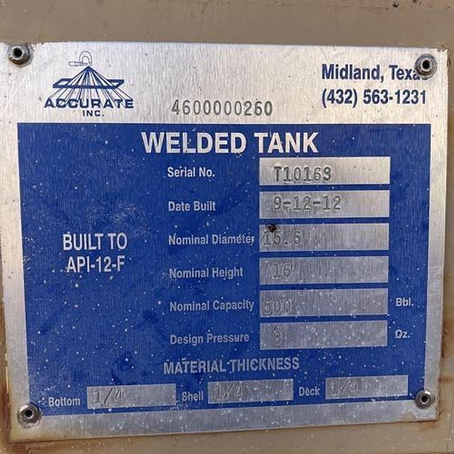 Used Accurate Inc 500BBL Vertical Storage Tanks – 15’6” x 16’, Carbon Steel, Flat Bottom, Used Basic Refurb, 2012