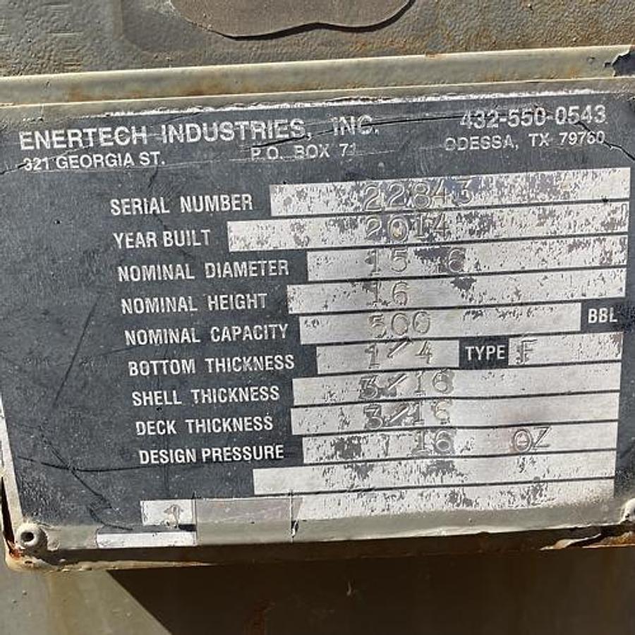 Used Enertech Industries 500BBL Vertical Storage Tanks – 15’6” x 16’, Carbon Steel, Flat Bottom, Used Basic Refurb, 2014