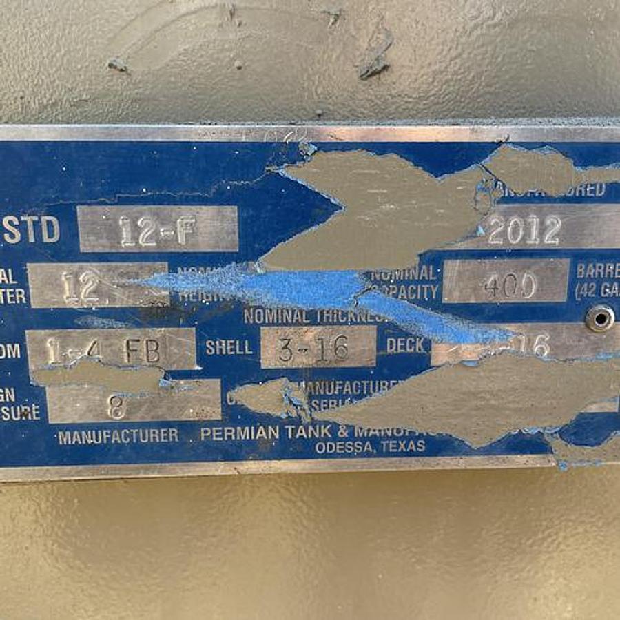 Used 2012 Permian Tank 400BBL Vertical Storage Tank - 12’ x 20’, Carbon Steel, Flat Bottom, Used Basic Refurb