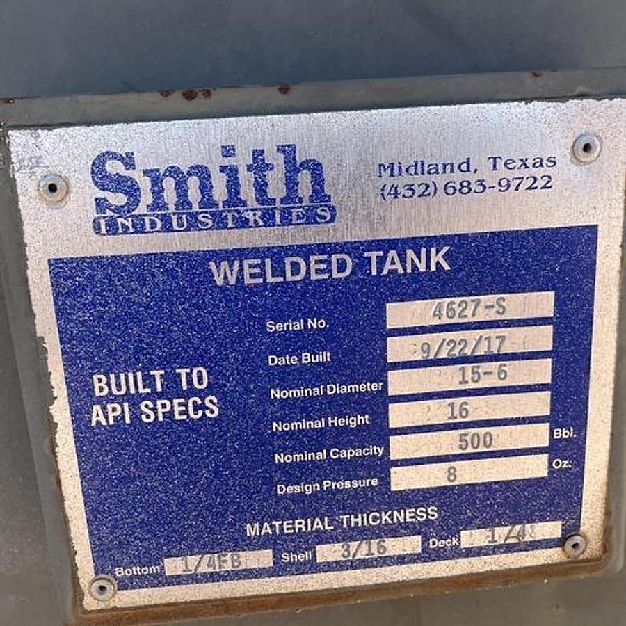 Used Smith Industries 500BBL Vertical Storage Tanks – 15’6” x 16’, Carbon Steel, Flat Bottom, Used Basic Refurb, 2017