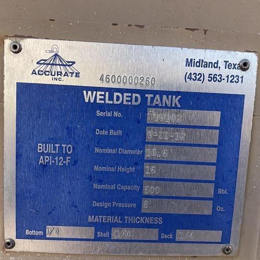 Used Accurate Inc 500BBL Vertical Storage Tanks – 15’6” x 16’, Carbon Steel, Flat Bottom, Used Basic Refurb, 2012