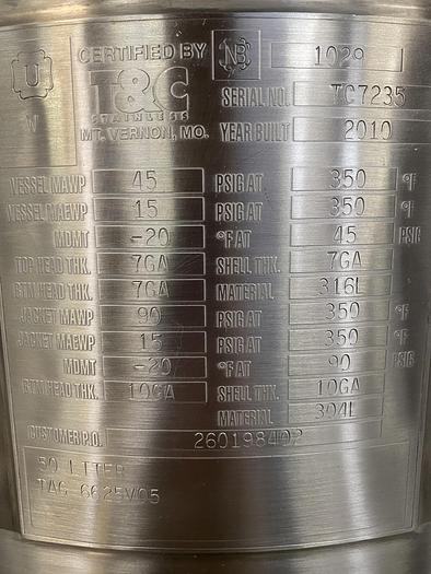 Used T&C 50 Liter Stainless Steel 45 PSI Jacketed Reactor w/ Agitator & Load Cells