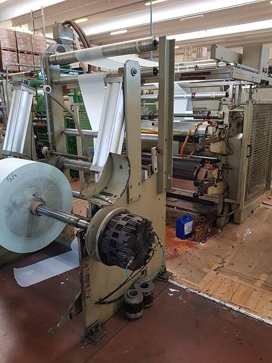 Used (visible in production) 2000 MANZONI Seriana 31 with in line 4 col. flexo - Flat & satchel (V) paper bag making machine