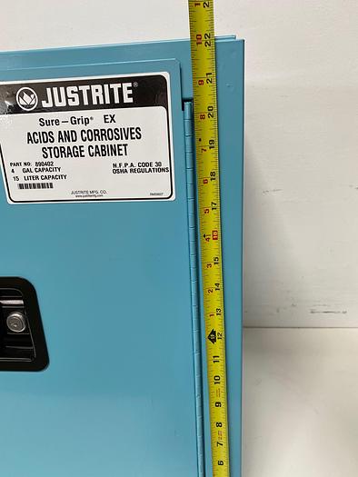 Used JustRite 890402 4 Gallon Blue Acid Cabinet 17"x 22"x 17" Manual Close