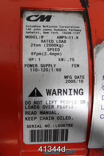Used Columbus Mckinnon Model R Crane, Cap 2 Ton #41344