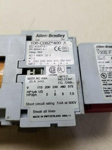 Used ALLEN BRADLEY 100-C09Z*400 Ser A, 100S-F Ser B