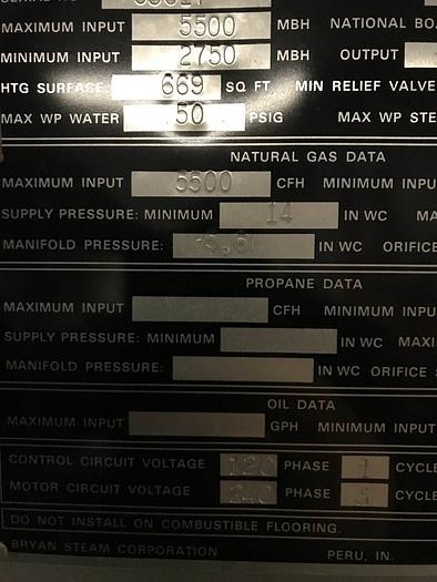 Used 165 HP Bryan Flexible Tube 50 PSI Steam Boiler 1988 Model RV550-W-FDG