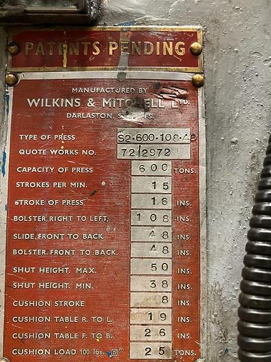 Used Wilkins & Mitchell 600-ton Single Action Mechanical Press