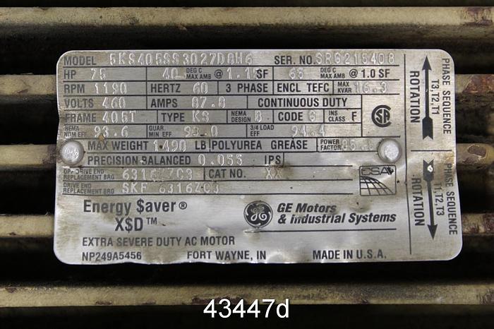 Used General Electric A/C Motor, 75 Hp, 1190 Rpm, 460 Volts #43447