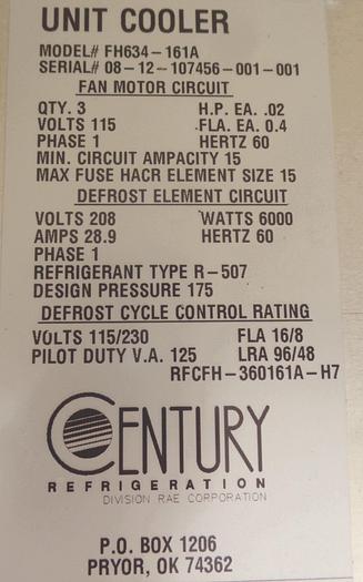 Used Refrig, Cooler, Century Refrigeration, Mdl FH634-161A, R-507 #S743033