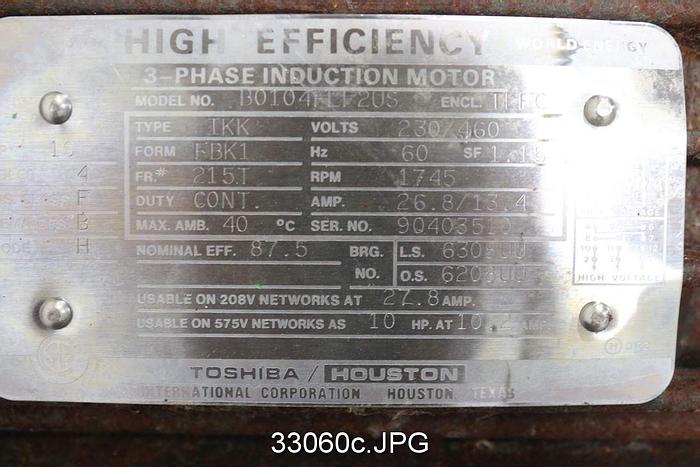 Used Toshiba 10Hp, 1745RPM, 460Volts AC Motor #33060