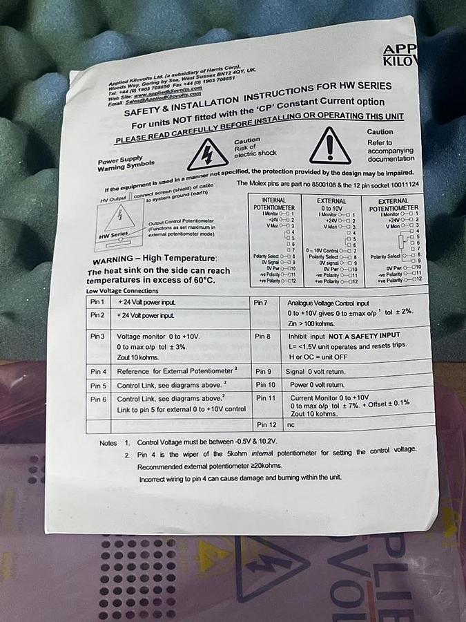 Applied Kilovolts HW2.5NIP300 100W, 10V to 2.5kV HV DC Module