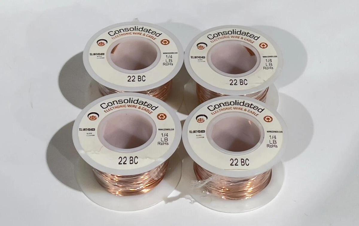 Used Lot of 4 Spools 1/4 LB 22 BC Bare Copper Consolidated Wire - 22 AWG Solid 4OZ