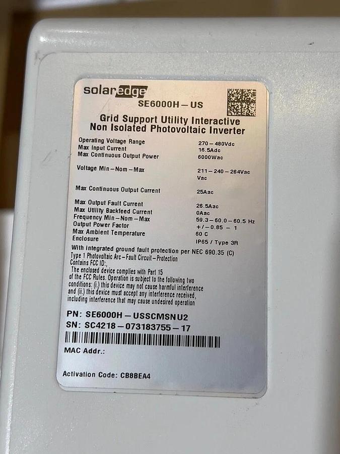 Used SolarEdge HD Wave 6.0 kW Photovoltaic Inverter SE6000H-USSCMSNU2 - AS-IS