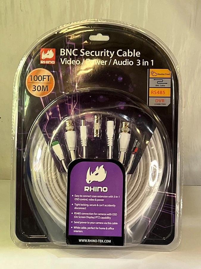 Used Rhino Tek 100FT BNC Security Cable, 3 in 1: Video / Power / Audio - RHC-031-100