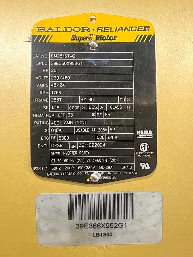 Used Baldor-Reliance Super E Motor EM2515T-G Spec 39E366X952G1, HP 20, 1765 RPM