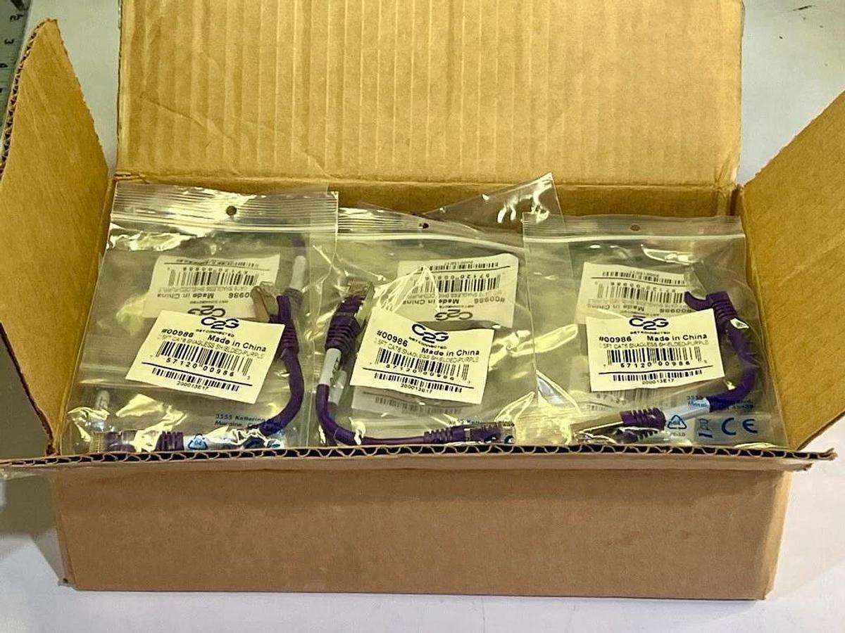 Used Box of 45: C2G #00986 0.5ft Purple Cat6 Snagless Shielded (STP) Ethernet Cables
