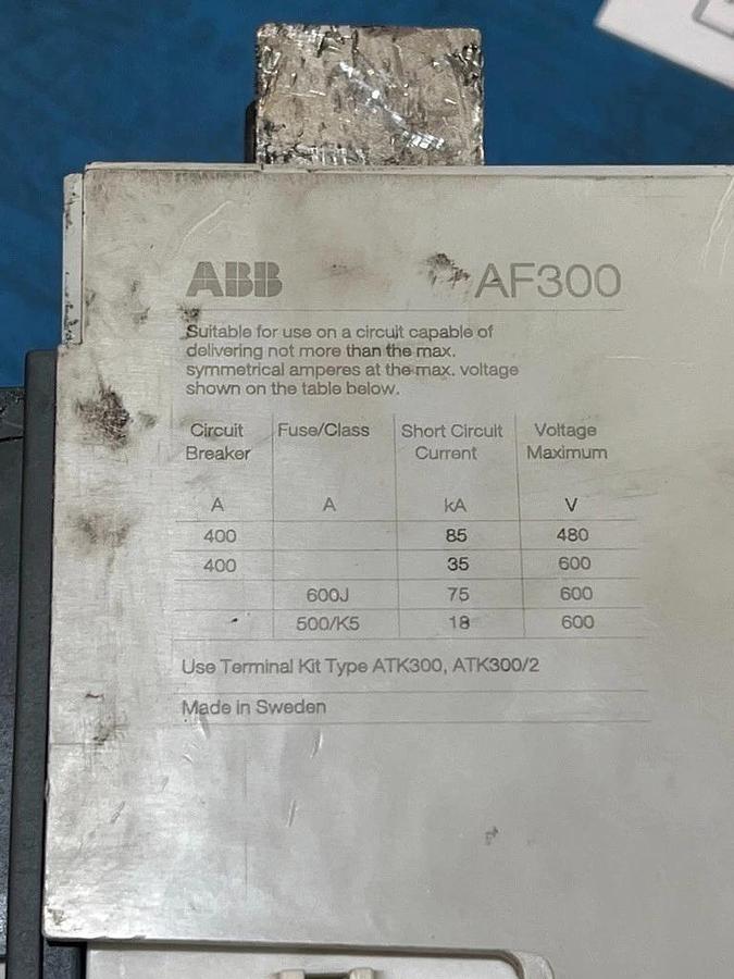 Used ABB AF300-30-11-70 3 -Pole Contactor / Circuit Breaker 400 Amp