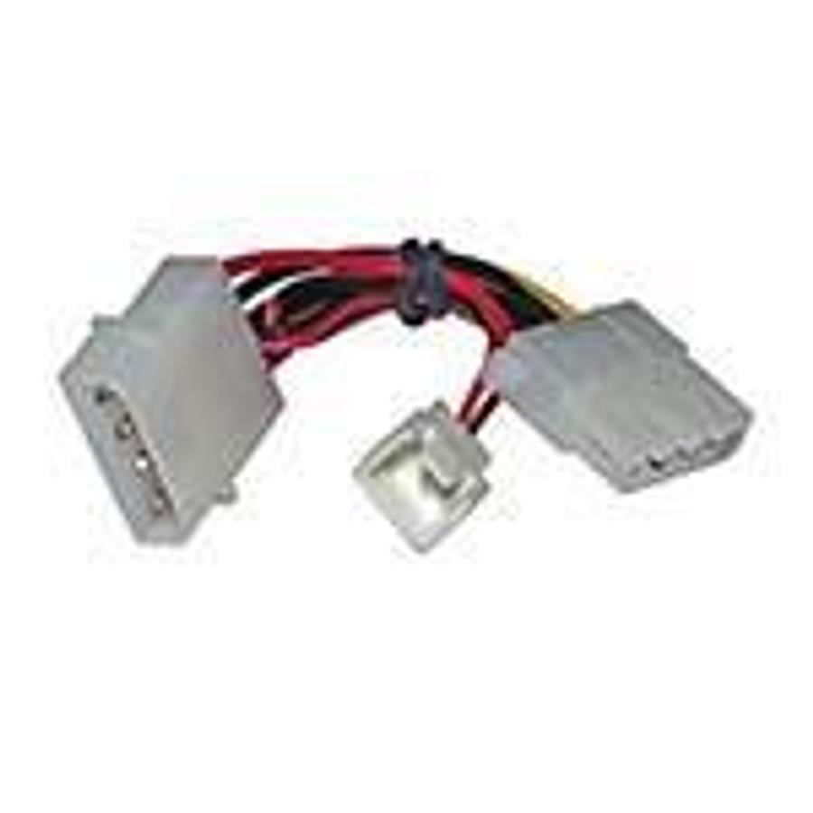 Used 2" jumper/adapter for disk drive / fan computer power ('Y' configuration). 4-pin 4-wire jumper, Male to Female, Molex series 8981 type connectors, with a 12" 3-pin 2-contact (M) molex type connector ES6327