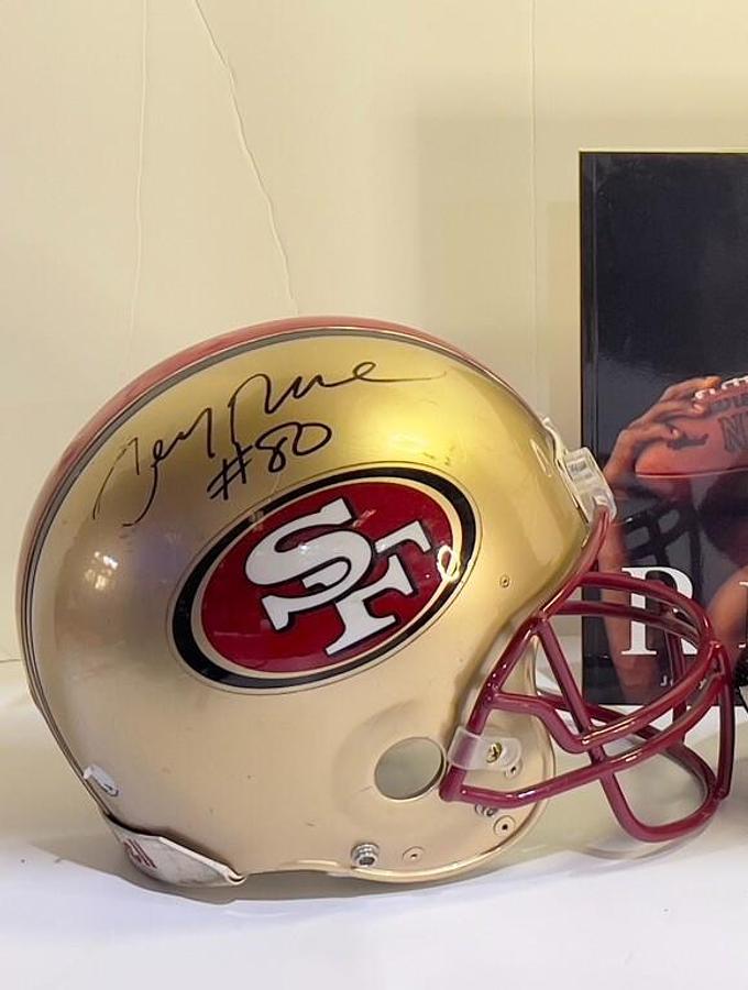 Used Jerry Rice #80 Autographed San Francisco 49ers Helmet with "Rice" Book
