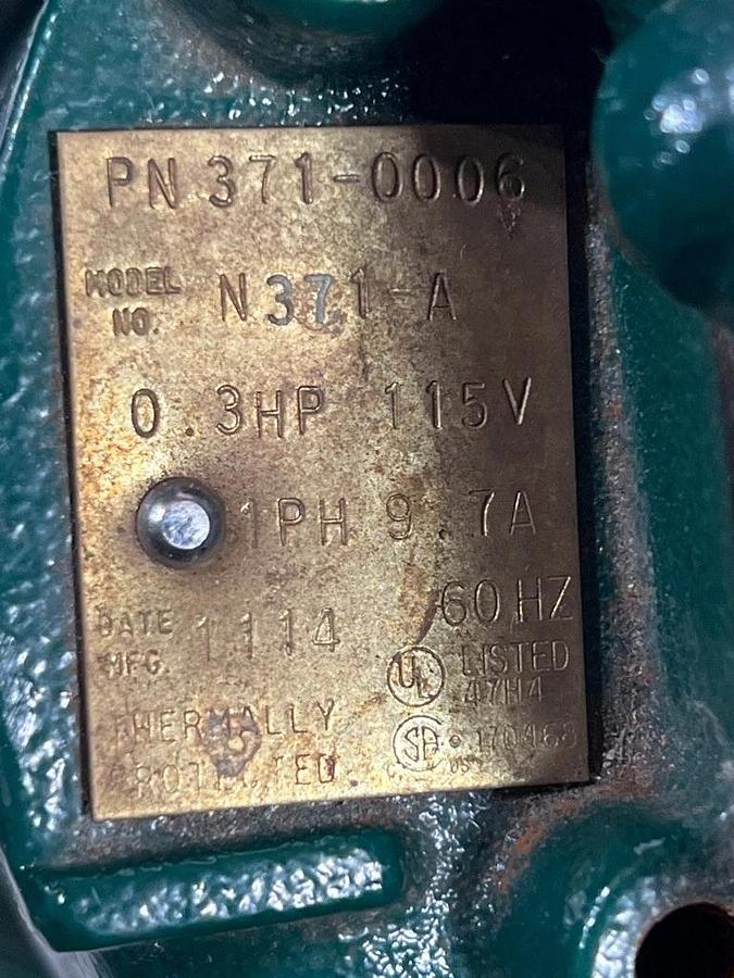 Used Zoeller Company PN371-0006 Submersible Pump Model No. N371-A, 0.3 HP, 115 VAC