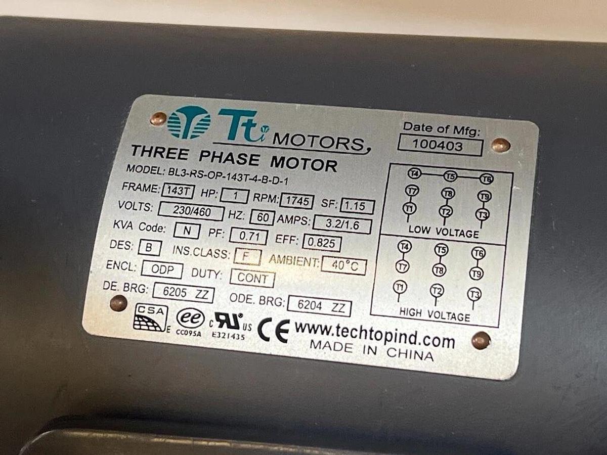 Used Techtop Industries BL3-RS-OP-143T-4-B-D-1, Electric Motor 1 HP 3 Ph 230/460VAC