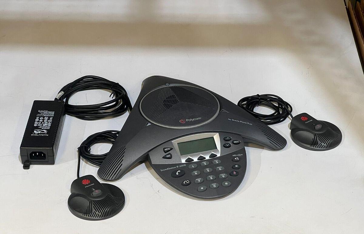 Used Polycom SoundStation IP 6000 P/N 2201-15600-001 + POE Power Supply & Microphones