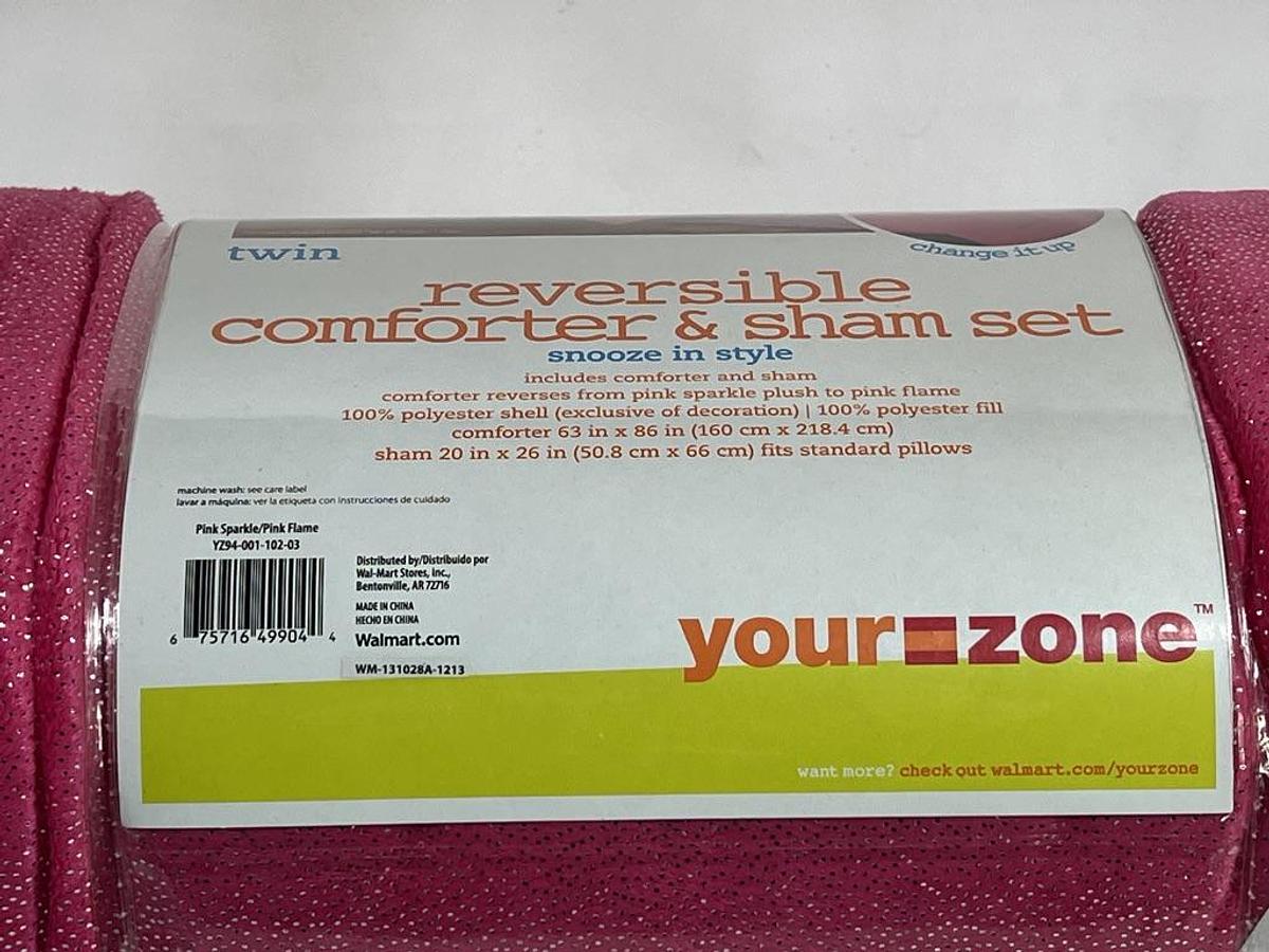 Your Zone Twin Size Reversible Comforter & Sham Set Pink Sparkle / Pink Flame - Walmart