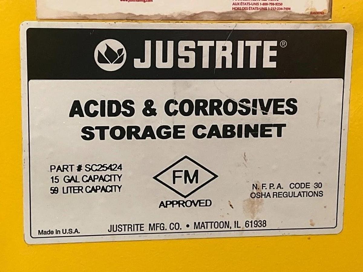 Used Justrite Centura Acids & Corrosives Storage Cabinet Hazmat 15 Gal Part # SC25424
