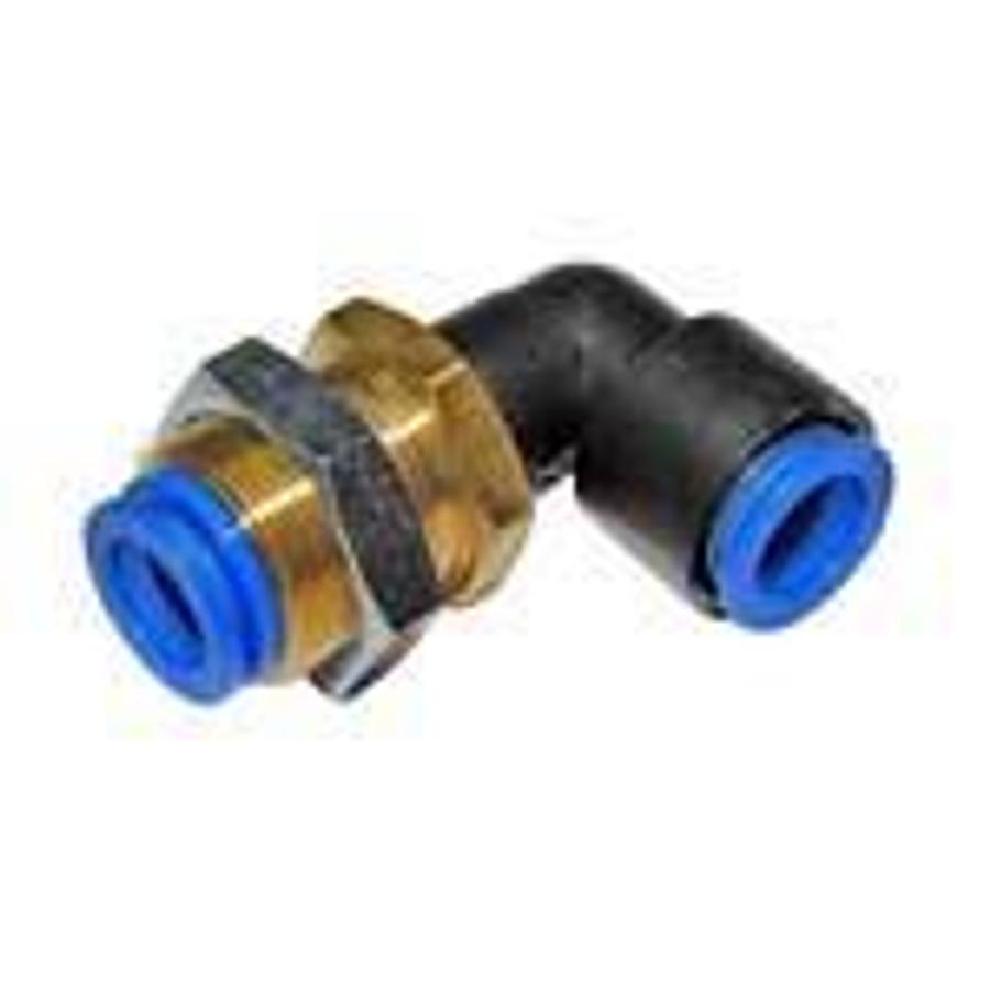 Used Bulkhead Union Elbow 12mm tube. To connect tubings through a panel and change the tubing entry by 90°. ES6016