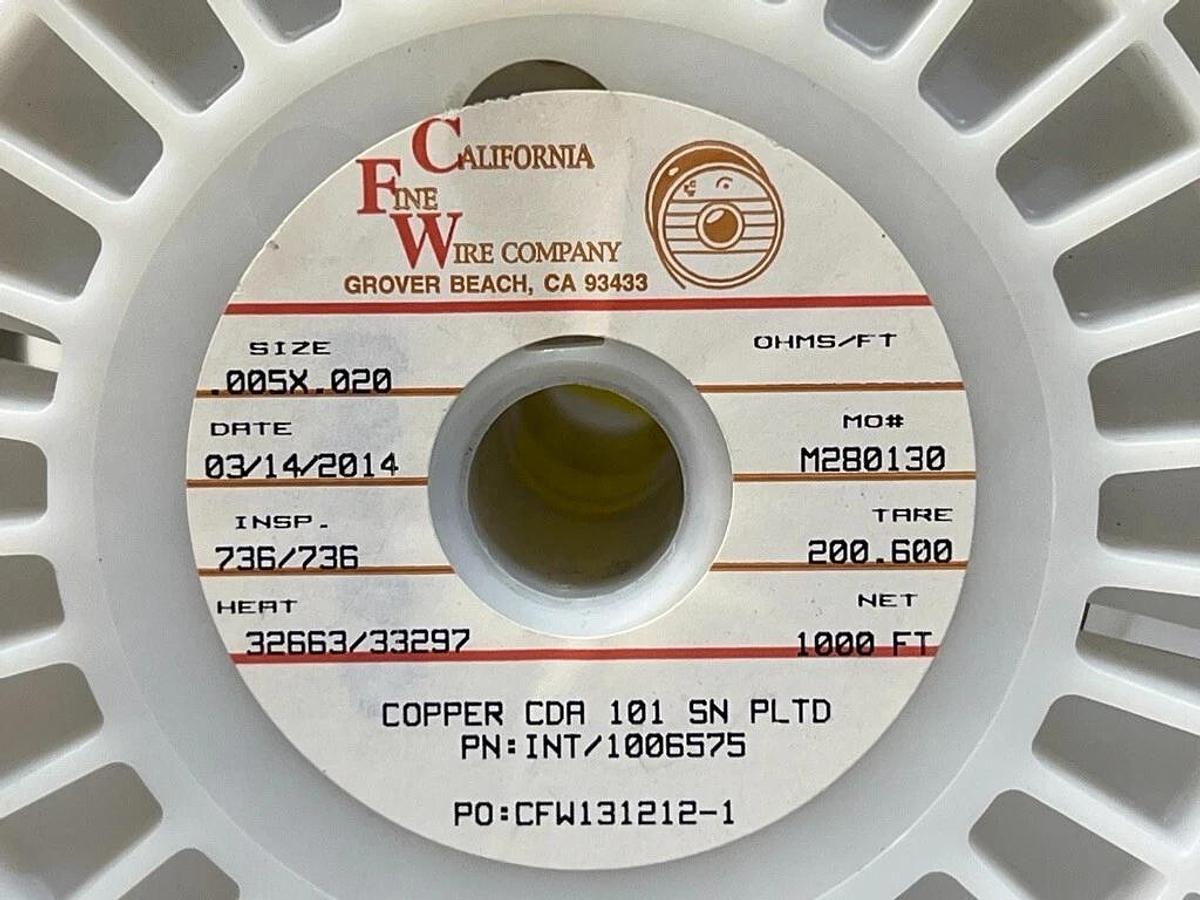 1000' Spool .005 x .020 Tin-Plated Copper Flat Ribbon California Fine Wire Co.