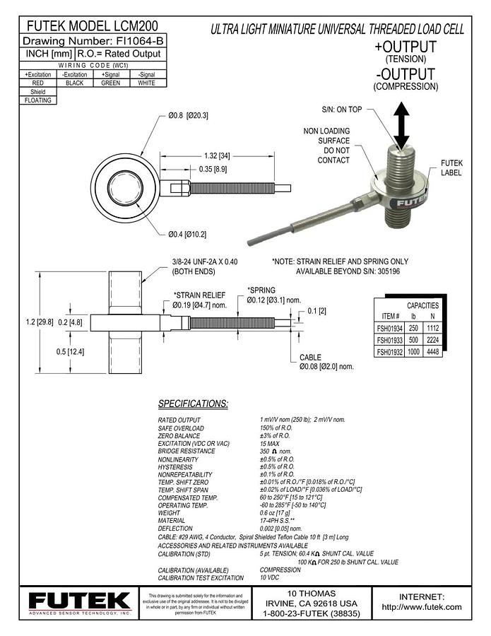 Futek Mo. LCM200 500lb Ultralight Miniature Threaded In Line Load Cell FSH01933