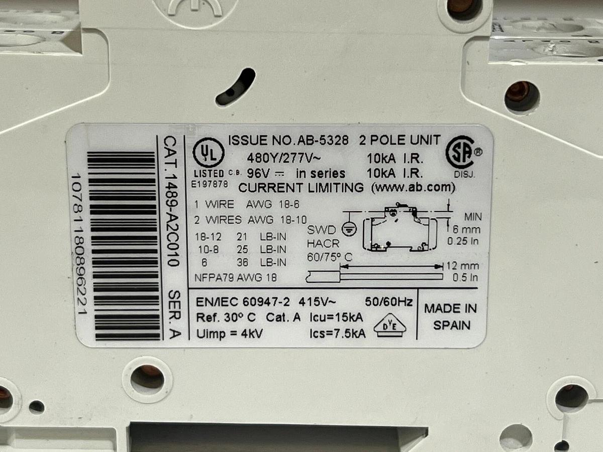 Allen-Bradley AB 1489-A2C010 SER.A - DIN Rail Circuit Breaker 1 Amp 2 Pole